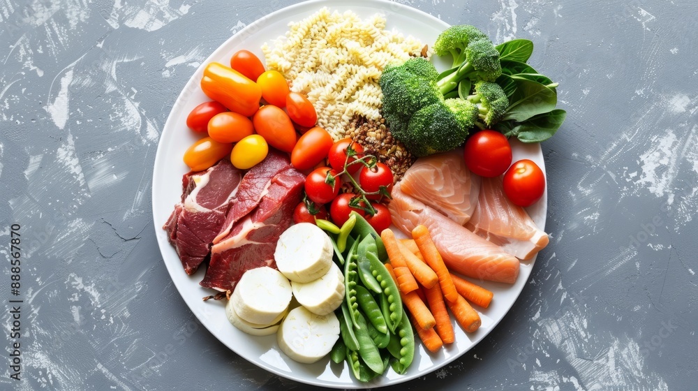 shows a balanced plate with vegetables, proteins and healthy fats. generative ai shows a balanced plate with vegetables, proteins and healthy fats. generative ai