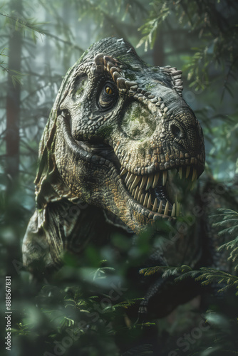 Tyrannosaurus rex roams in the prehistoric jungle. T rex head close up. Photorealistic illustration