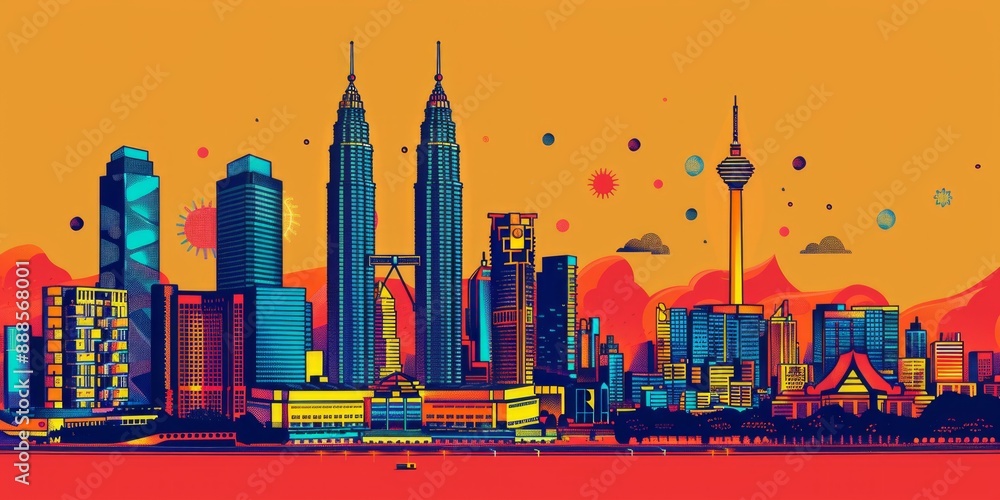 Fototapeta premium illustrated skyline kuala lumpur featuring iconic
