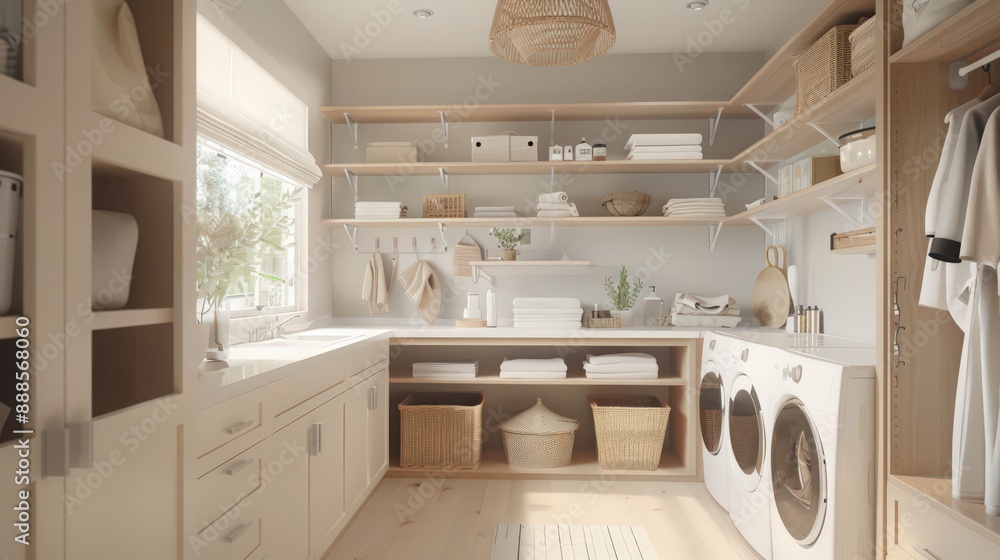 A minimalist laundry room with clean lines, neutral tones, and ample storage solutions, emphasizing simplicity and functionality. A minimalist laundry room with clean lines, neutral tones, and ample storage solutions, emphasizing simplicity and functionality.