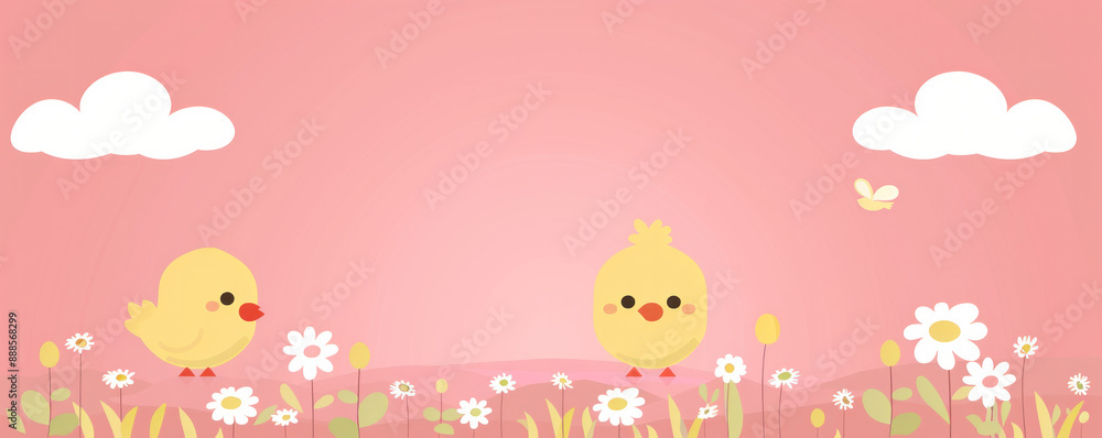 Two little yellow chicks are walking through a field of flowers. The sky is cloudy and the birds are looking up Two little yellow chicks are walking through a field of flowers. The sky is cloudy and the birds are looking up