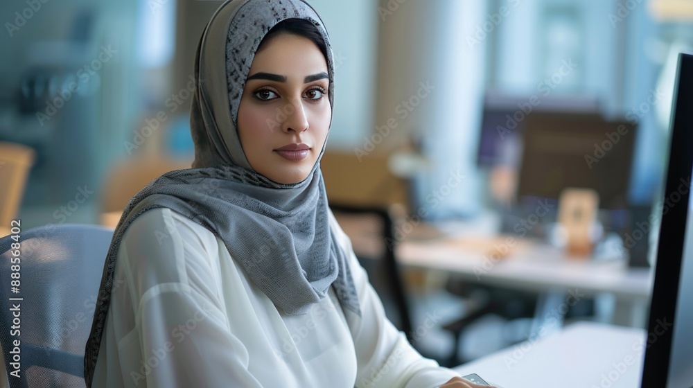 A beautiful Saudi woman in hijab is sitting at her desk, typing on the computer keyboard.