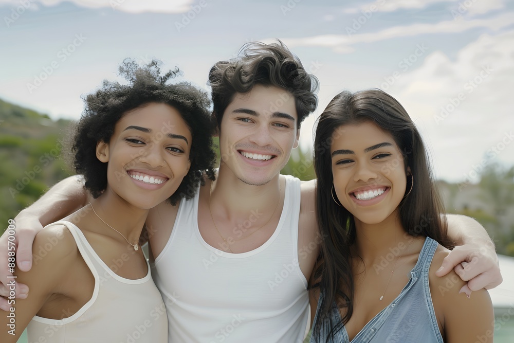 Three diverse friends smiling and embracing outdoors on a sunny day. Three diverse friends smiling and embracing outdoors on a sunny day.