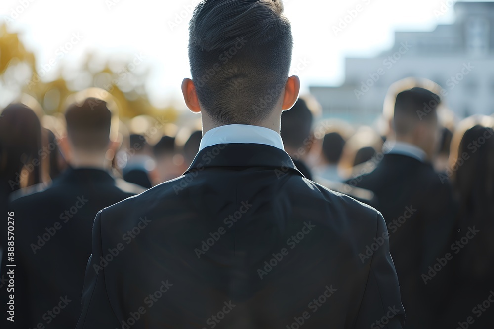 Rear view of a young professional standing among a crowd of businesspeople outdoors. Rear view of a young professional standing among a crowd of businesspeople outdoors.