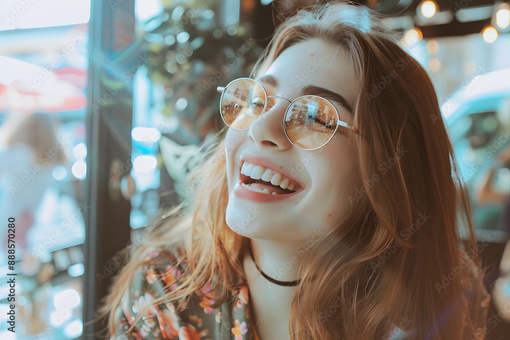 Young woman with sunglasses smiling joyfully in a stylish caf��, basking in warm sunlight. Young woman with sunglasses smiling joyfully in a stylish caf��, basking in warm sunlight.