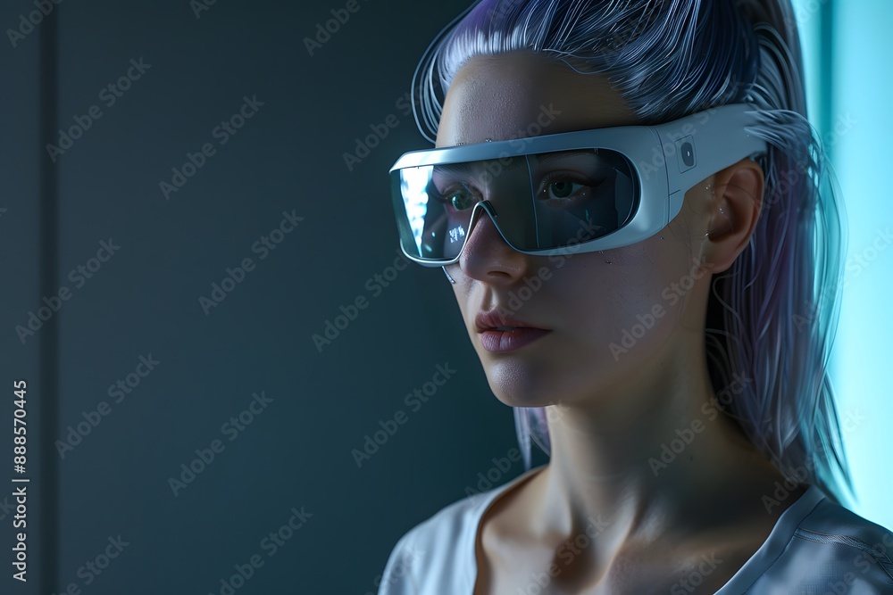 Futuristic woman in VR headset immersed in a digital world with neon lights Futuristic woman in VR headset immersed in a digital world with neon lights