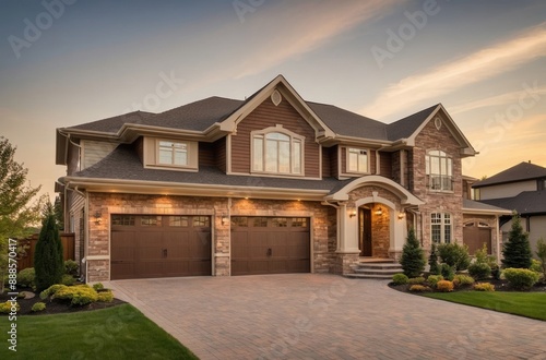 Modern brick house with two-car garage at dusk against twilight sky