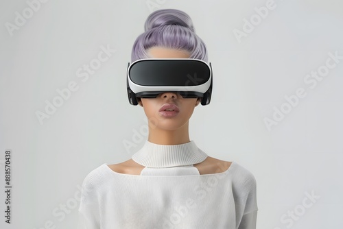 Woman with VR headset experiencing virtual reality, wearing a white top in a minimalist setting.