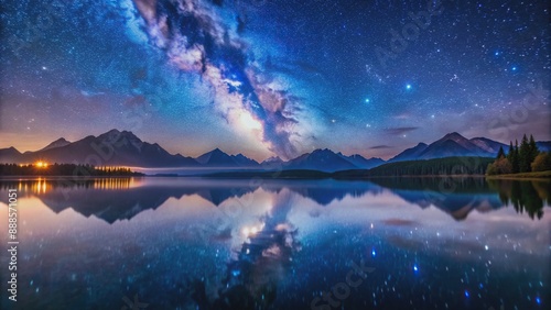 Starry night sky reflecting in tranquil lake with sleeping mountains in the background, mountains, reflection, lake, milky way, starry night