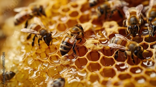 Close-up of Bees Working on Honeycomb, Showcasing Intricate Patterns and Textures. Detailed Capture of Colors and Shapes within Each Cell, Emphasizing Natural Beauty with Clear Lighting to Highlight