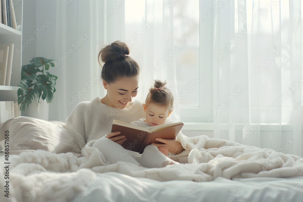 Mother and toddler reading a book together in a cozy, sunlit bedroom Mother and toddler reading a book together in a cozy, sunlit bedroom