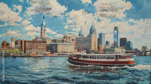 Depict the Philadelphia skyline from the perspective of a boat on the Delaware River, capturing the city's waterfront charm