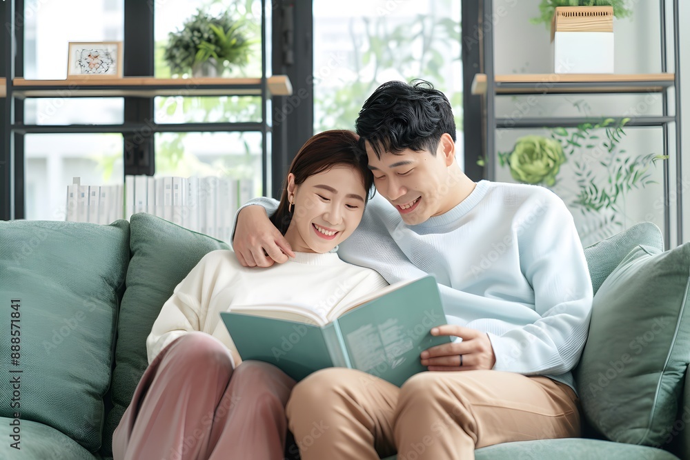 Smiling couple reading together on a cozy sofa in a bright living room Smiling couple reading together on a cozy sofa in a bright living room