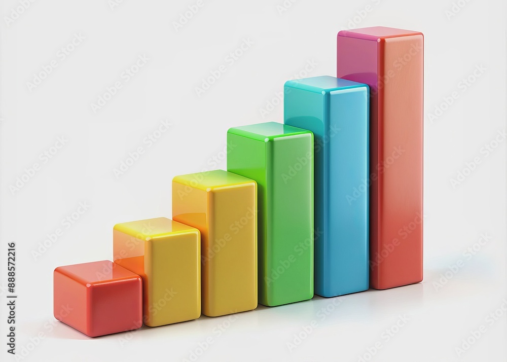 Vibrant clay-style 3D bar chart icon featuring stacked blocks of varying heights, isolated on a clean white background, representing diverse data points in business analytics. Vibrant clay-style 3D bar chart icon featuring stacked blocks of varying heights, isolated on a clean white background, representing diverse data points in business analytics.