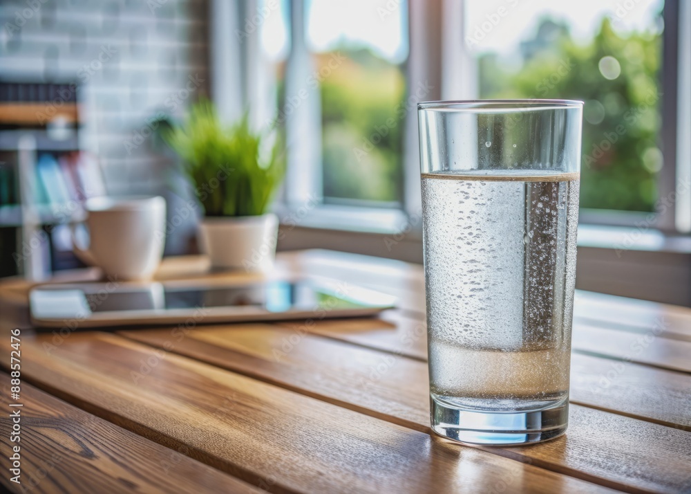 A refreshing glass of water with condensation on the rim sits alone on a clutter-free wooden office table amidst a calm and organized work environment. A refreshing glass of water with condensation on the rim sits alone on a clutter-free wooden office table amidst a calm and organized work environment.