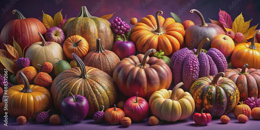 Vibrant 3D pumpkins, apples, and gourds in bold colors and intricate textures arranged artfully on a rich, regal purple background, evoking autumnal luxury and whimsy. Vibrant 3D pumpkins, apples, and gourds in bold colors and intricate textures arranged artfully on a rich, regal purple background, evoking autumnal luxury and whimsy.