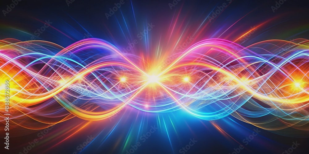 Obraz premium Vibrant-colored light waves converge and overlap, forming a mesmerizing pattern of intersecting rhythms, symbolizing harmony and unity in a stunning visual representation of confluence.