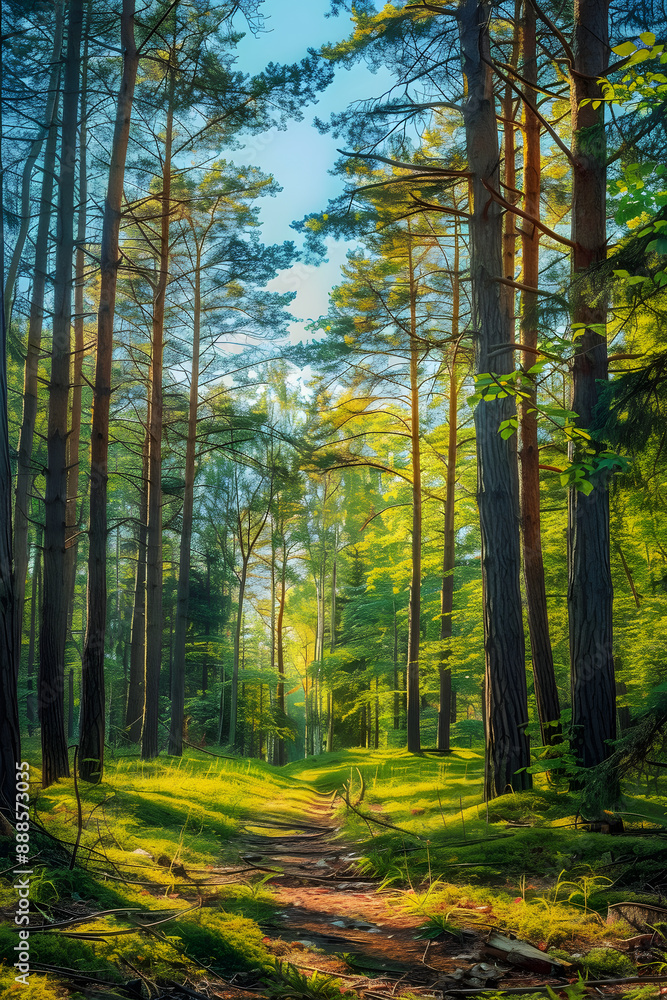 Serene Forest Pathway: A Tranquil Walk through Sunlit Pine Trees and Verdant Greenery Serene Forest Pathway: A Tranquil Walk through Sunlit Pine Trees and Verdant Greenery