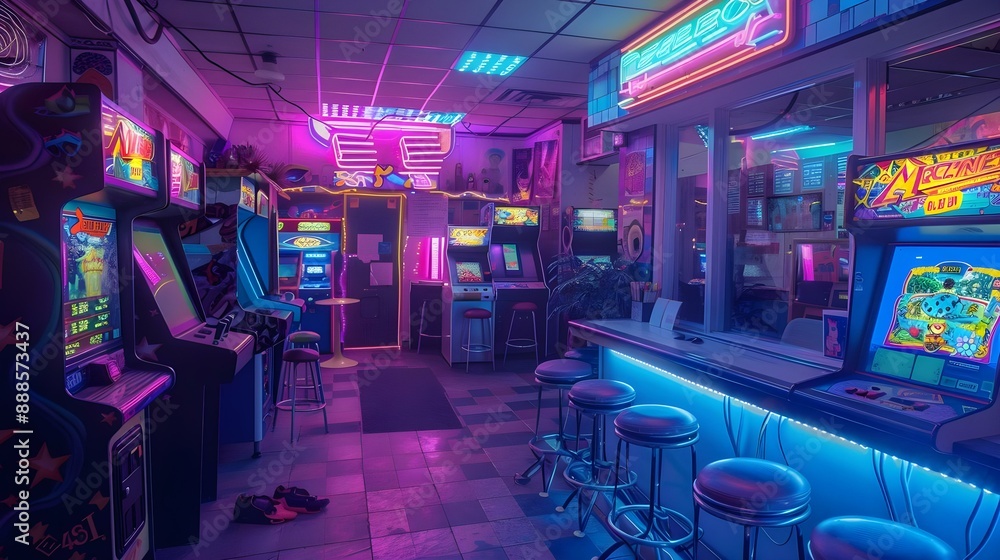 1990s retro video game arcade bathed in neon lights