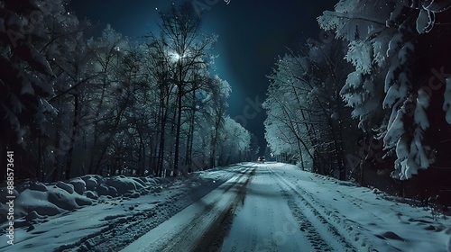 Driving on snow road in forest at night POV
