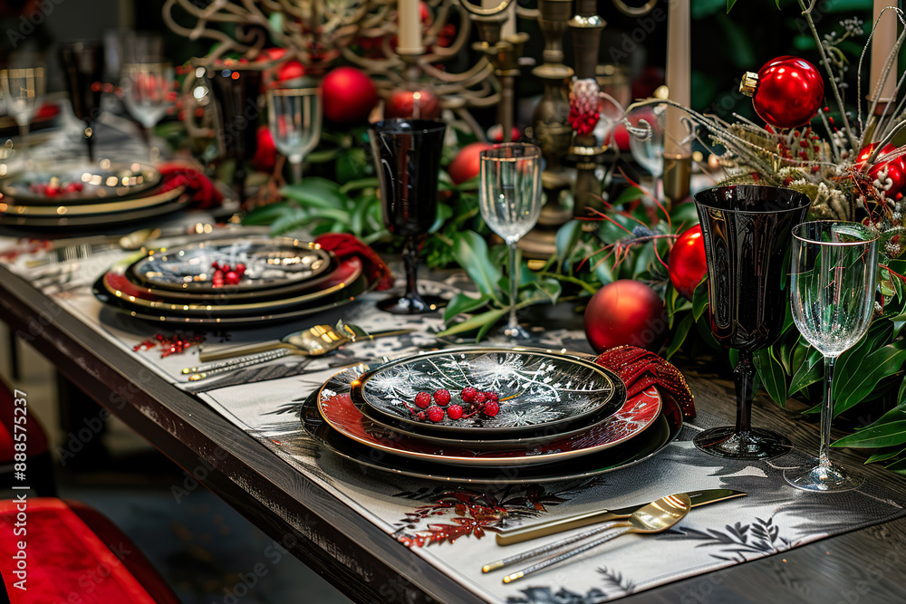 A table is set for a Christmas dinner with a variety of dishes and utensils. A table is set for a Christmas dinner with a variety of dishes and utensils.