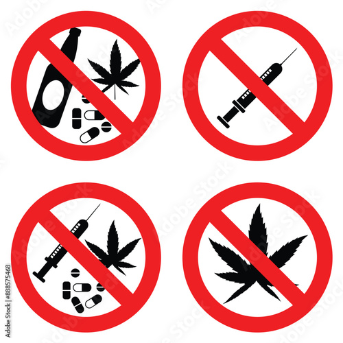 no alcohol, drugs, Injection needles, marijuana and drug prohibition sign illegal item