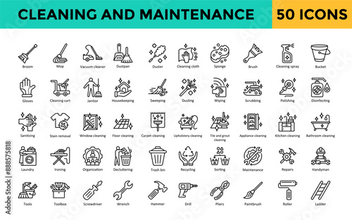 Cleaning and Maintenance icon set with broom, mop, vacuum cleaner, dustpan, duster, cleaning cloth, sponge, brush, cleaning spray, bucket icon. Simple line vector 
