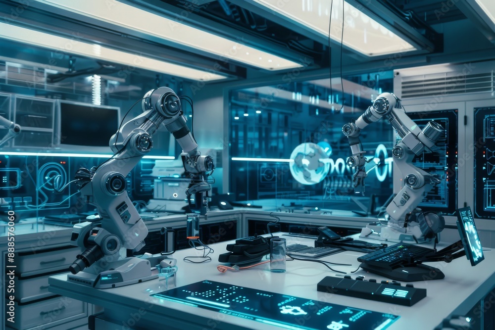 Futuristic Laboratory with Robotic Arms Futuristic Laboratory with Robotic Arms