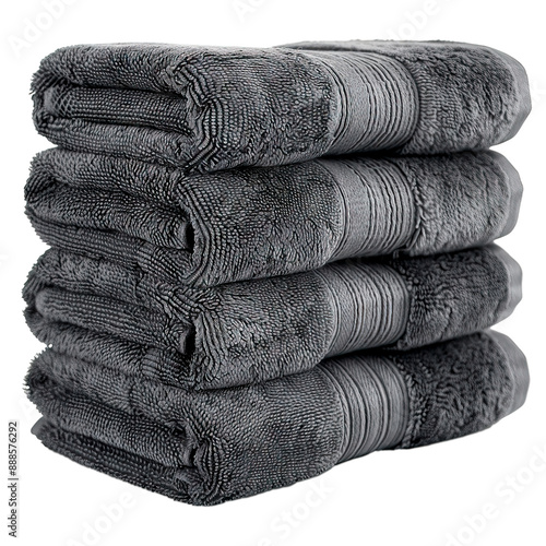 Isolated stacked gray soft fluffy fabric clean towels, neat pile of new absorbent linens, cotton textile luxury handtowels photo