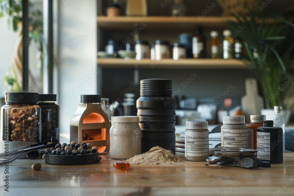 Assortment of Jars, Containers and Bottles on a Wooden Table Assortment of Jars, Containers and Bottles on a Wooden Table