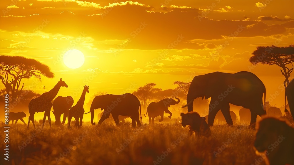 Fototapeta premium Silhouetted African wildlife roaming