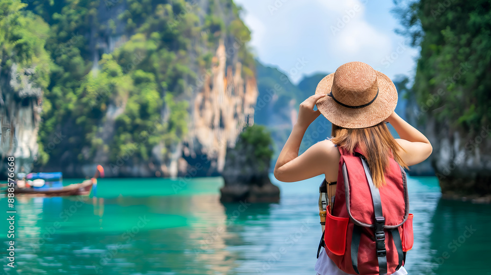 Fototapeta premium Back view of a traveler woman with backpack at beautiful island