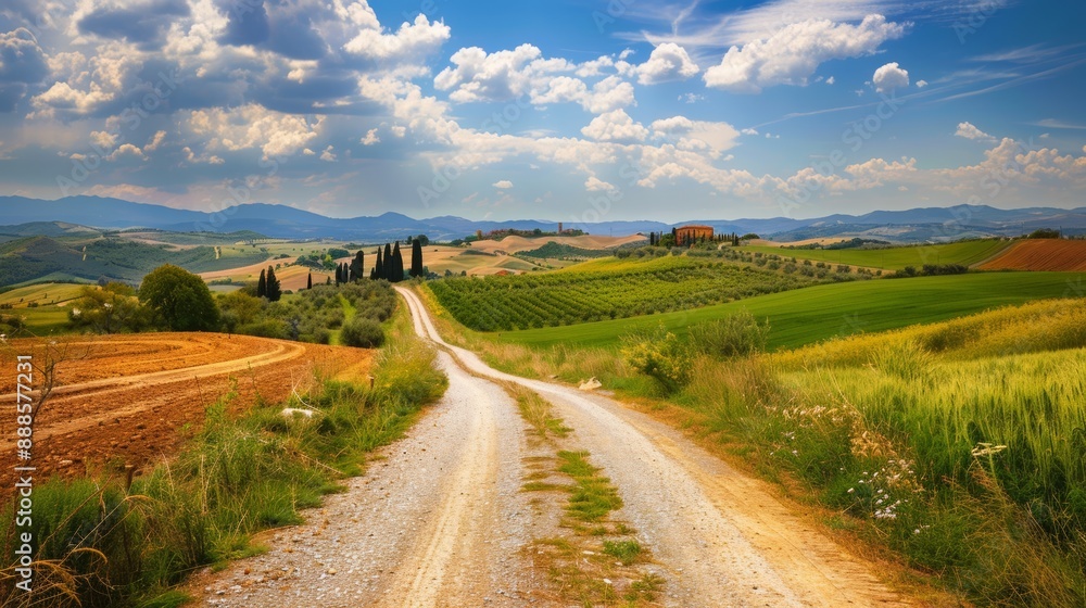Fototapeta premium Photograph of a country road in Tuscany, Italy. Summer countryside landscape.