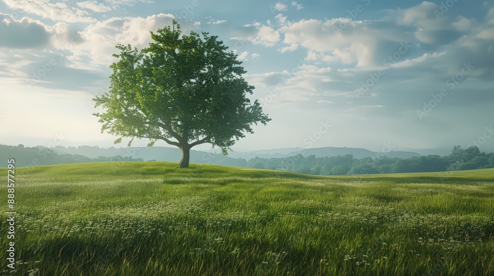 Design a peaceful landscape featuring a solitary tree standing proudly in a meadow of lush green grass, capturing a moment of quiet contemplation. Design a peaceful landscape featuring a solitary tree standing proudly in a meadow of lush green grass, capturing a moment of quiet contemplation.