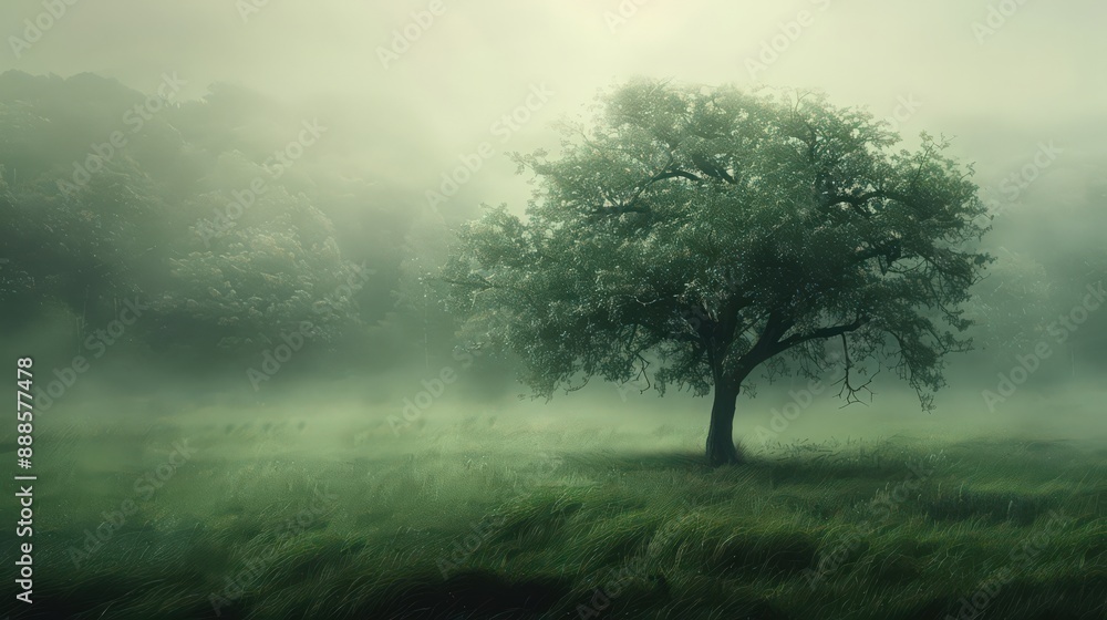 Design an atmospheric photograph of one tree in a field of lush greenery, under a soft, diffused light that enhances its natural form and texture. Design an atmospheric photograph of one tree in a field of lush greenery, under a soft, diffused light that enhances its natural form and texture.