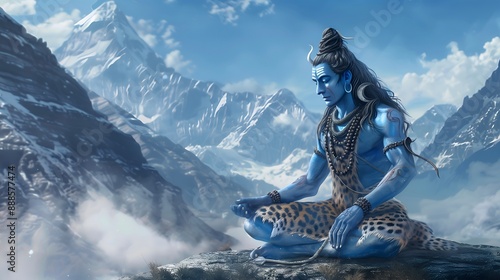 Lord Shiva, the Hindu god, meditating serenely on an icy mountain photo