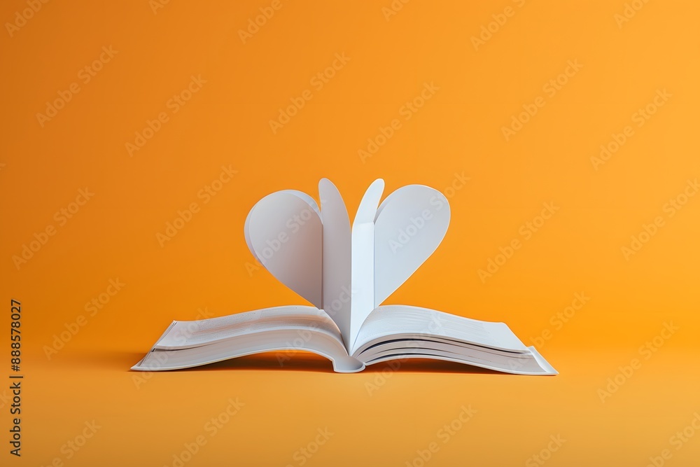 Open book with pages forming a heart shape against a vibrant orange background. Open book with pages forming a heart shape against a vibrant orange background.