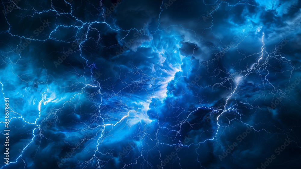 Obraz premium Intense Blue Lightning Storm Clouds in Dark Sky..