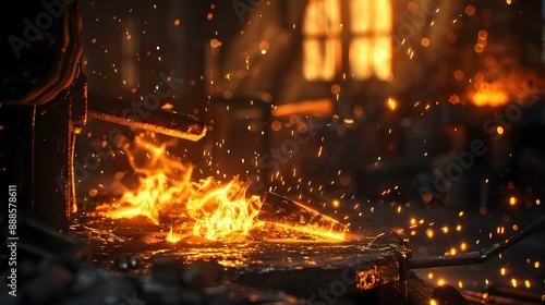 Bright and energetic blacksmithing scene with glowing forge