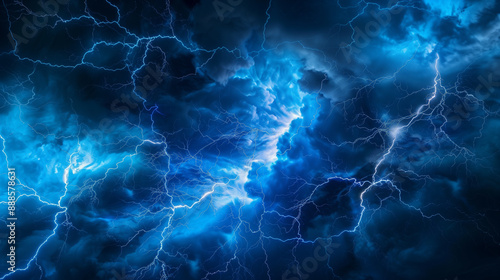 Intense Blue Lightning Storm Clouds in Dark Sky..
