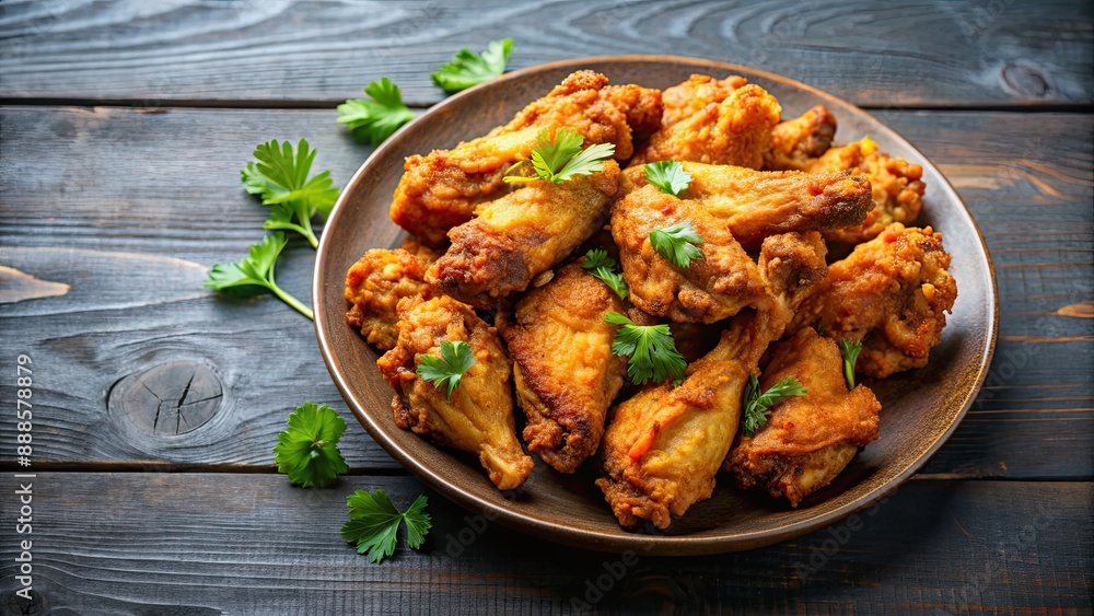 Crispy and flavorful fried chicken wings on a plate , appetizer, delicious, golden brown, deep fried, savory Crispy and flavorful fried chicken wings on a plate , appetizer, delicious, golden brown, deep fried, savory