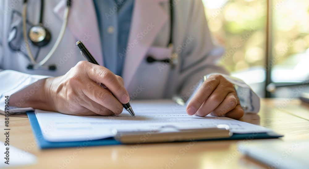 Close up of a doctor writing medical paperwork on a desk in their office, with copy space for text. Professional photography, high resolution, Doctor writing, medical paperwork, office, close up, hand Close up of a doctor writing medical paperwork on a desk in their office, with copy space for text. Professional photography, high resolution, Doctor writing, medical paperwork, office, close up, hand