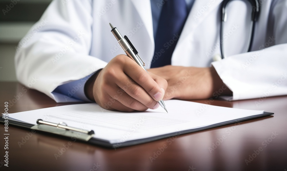 Close up of a doctor writing medical paperwork on a desk in their office, with copy space for text. Professional photography, high resolution, Doctor writing, medical paperwork, office, close up, hand Close up of a doctor writing medical paperwork on a desk in their office, with copy space for text. Professional photography, high resolution, Doctor writing, medical paperwork, office, close up, hand