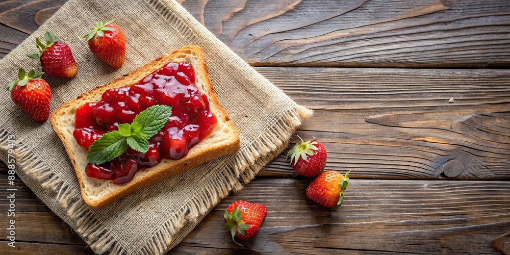 Top view of a delicious slice of toast with strawberry jam on a rustic background, breakfast, food, strawberry, bread, snack Top view of a delicious slice of toast with strawberry jam on a rustic background, breakfast, food, strawberry, bread, snack