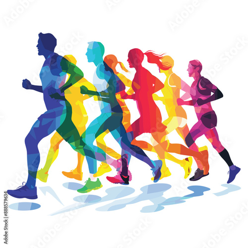 Abstract colorful silhouette of runners in a marathon race. Concept of teamwork, fitness, and competition. Vector illustration.