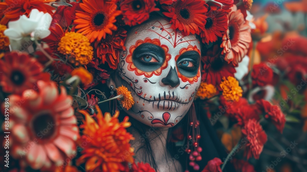 Photos of Dia de los muertos, Mexican holiday of the dead and Halloween. Woman wearing sugar makeup and flowers Photos of Dia de los muertos, Mexican holiday of the dead and Halloween. Woman wearing sugar makeup and flowers