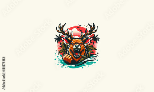 head deer angry with palm on beach vector flat design