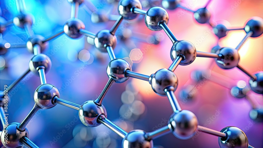 Closeup of carbon chemical structure on light pink and blue background with blurred background, chemistry Closeup of carbon chemical structure on light pink and blue background with blurred background, chemistry