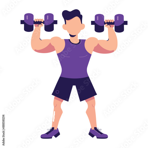 Cartoon illustration of man lifting weights, fitness, workout, body building exercise, healthy lifestyle, gym, sport.