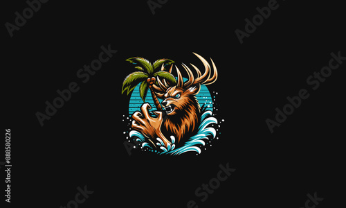 head deer angry with palm on beach vector flat design